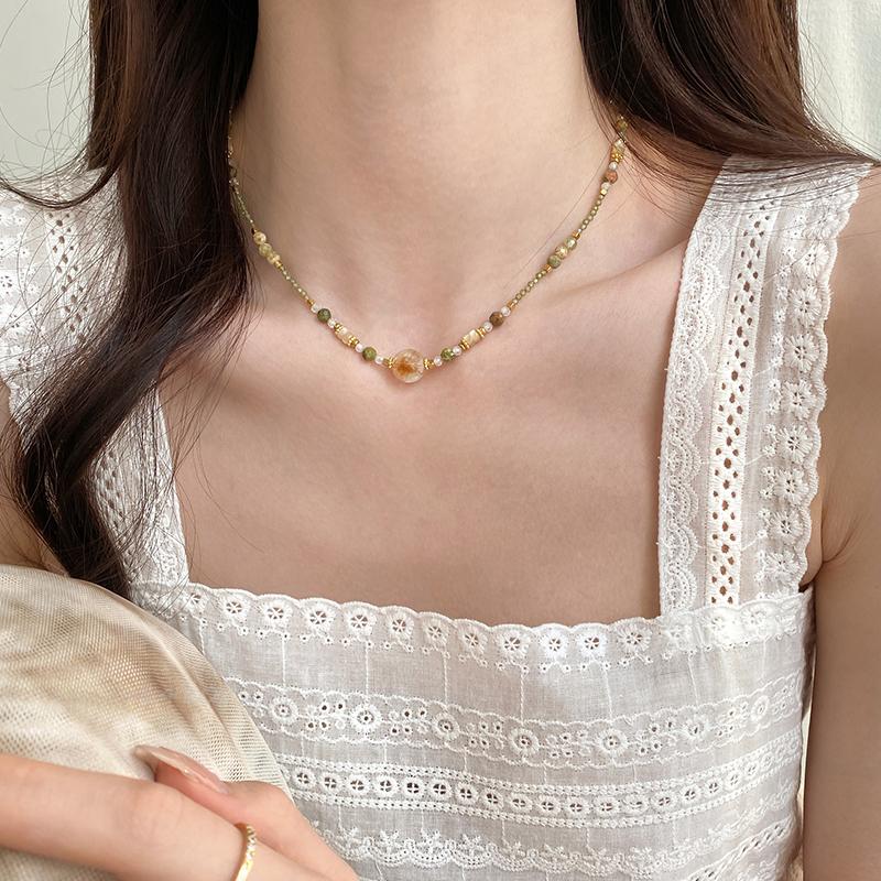 Small Fresh Natural Stone Bead Necklace New Set Jewelry Women's Stacked Clavicle Chain Trendy Accessories For Young Girls