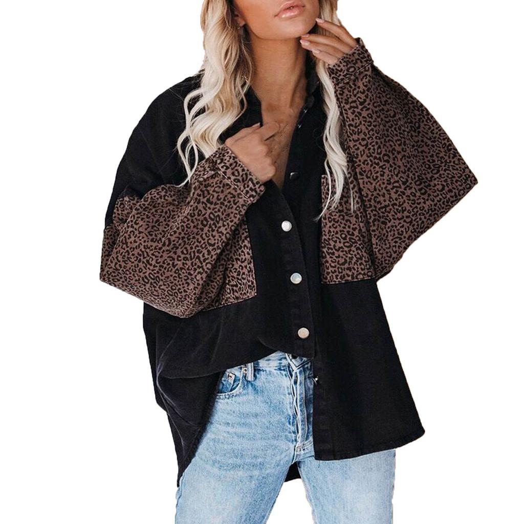 Women's Casual Leopard Patchwork Button Long Sleeve Denim Shirt Top Jacket
