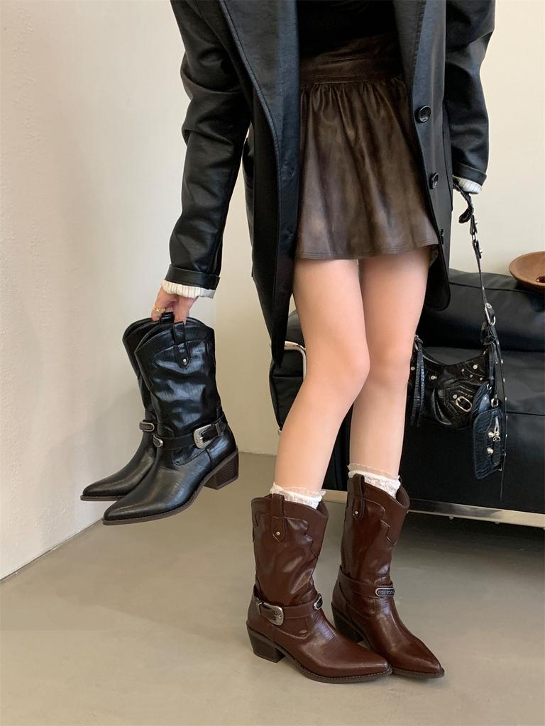 Retro belt buckle medium tube knight boots women's 2025 autumn and winter new square head thick heel thin western cowboy boots