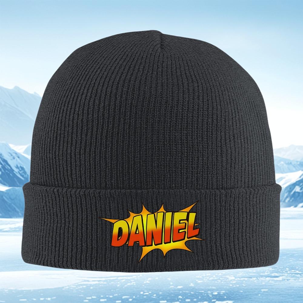 Comic style textname Daniel in bold Men Women Unisex Knitted Hat Beanie Pullover Cap Winter Thermal Warm Christmas Outdoor Cyc