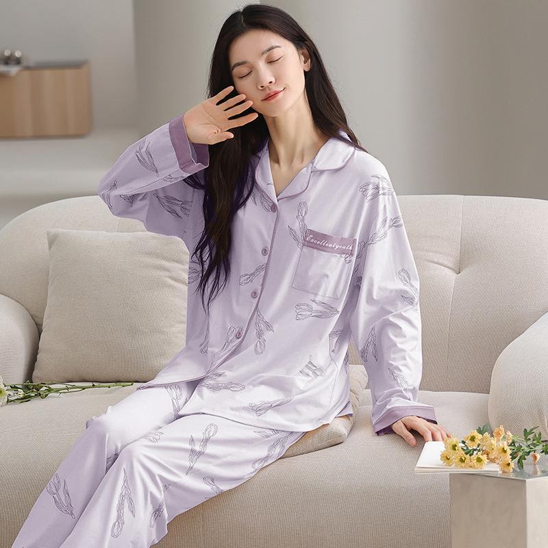Pajamas women's spring and autumn pure cotton long-sleeved women's autumn middle-aged mother autumn and winter thin large-size high-end loungewear