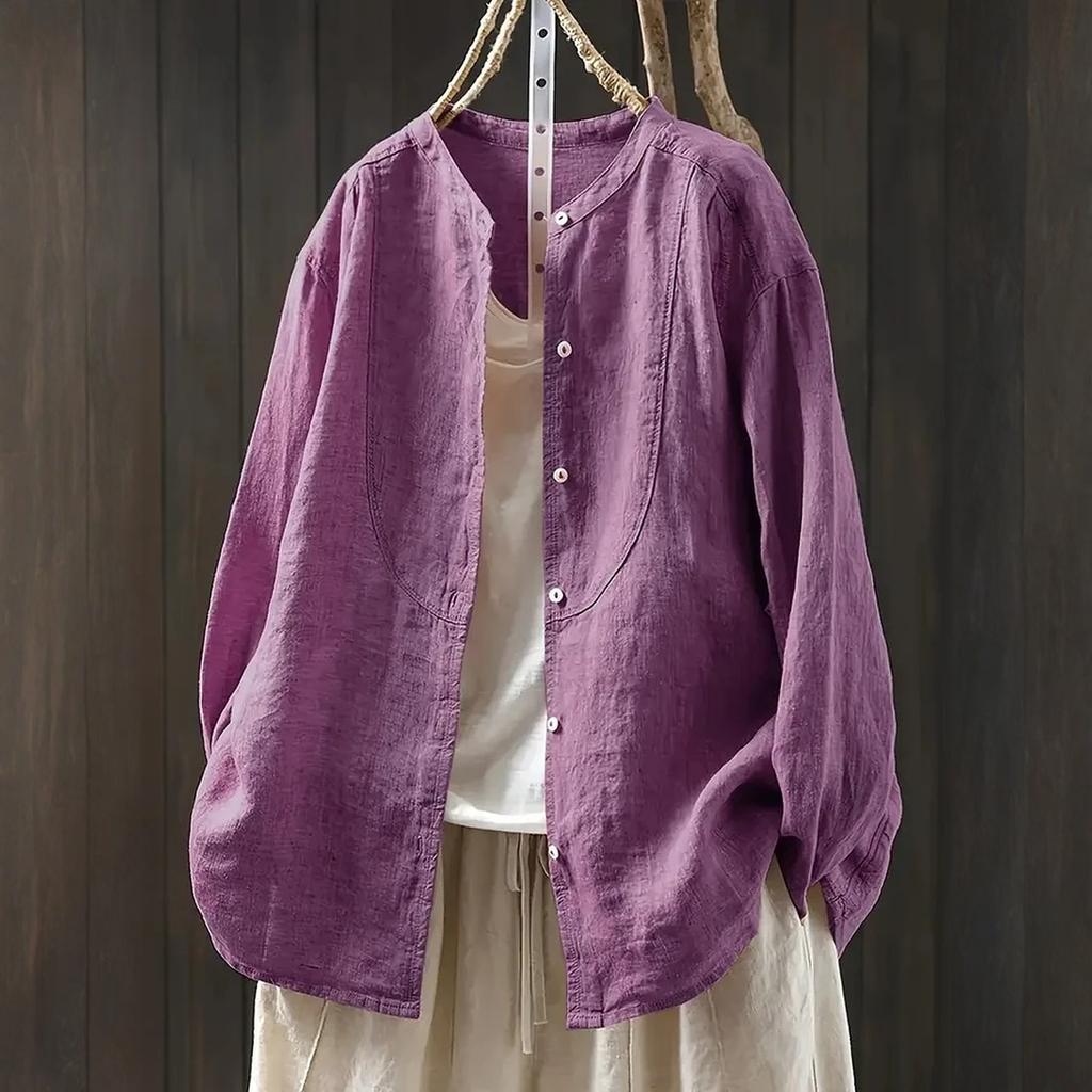 Women's ,color Cotton And Linen Long,sleeved Cardigan Shirt Top