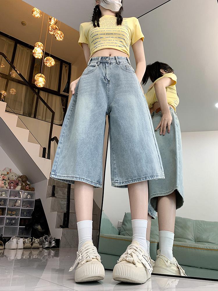 Retro High Waist Wide Leg Cropped Denim Shorts for Women - Summer Plus Size Slimming Loose Fit