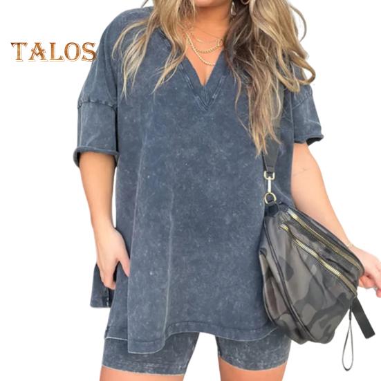 2 Teile/satz Frauen Sommer Sportswear-Set V Neck Side Split Kurzen Ärmeln Lose T-shirt Elastische Taille Mini Hosen Set Trainingsanzug Sport kleidung