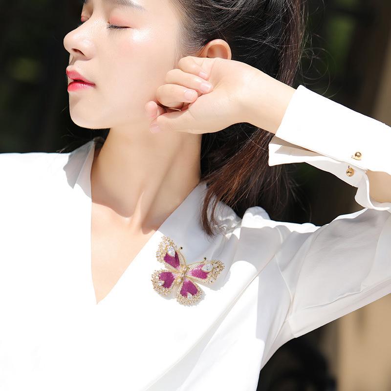 Cloisonné Enamel Copper Zircon Butterfly Brooch - Retro Style Coat Accessory