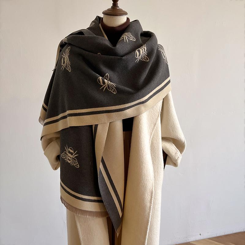 Luxury Brand Women Two-Sided Bee Scarf Imitation Cashmere Soft Warm Pashmina Shawl Winter Coldproof Windproof Blanket Scarf