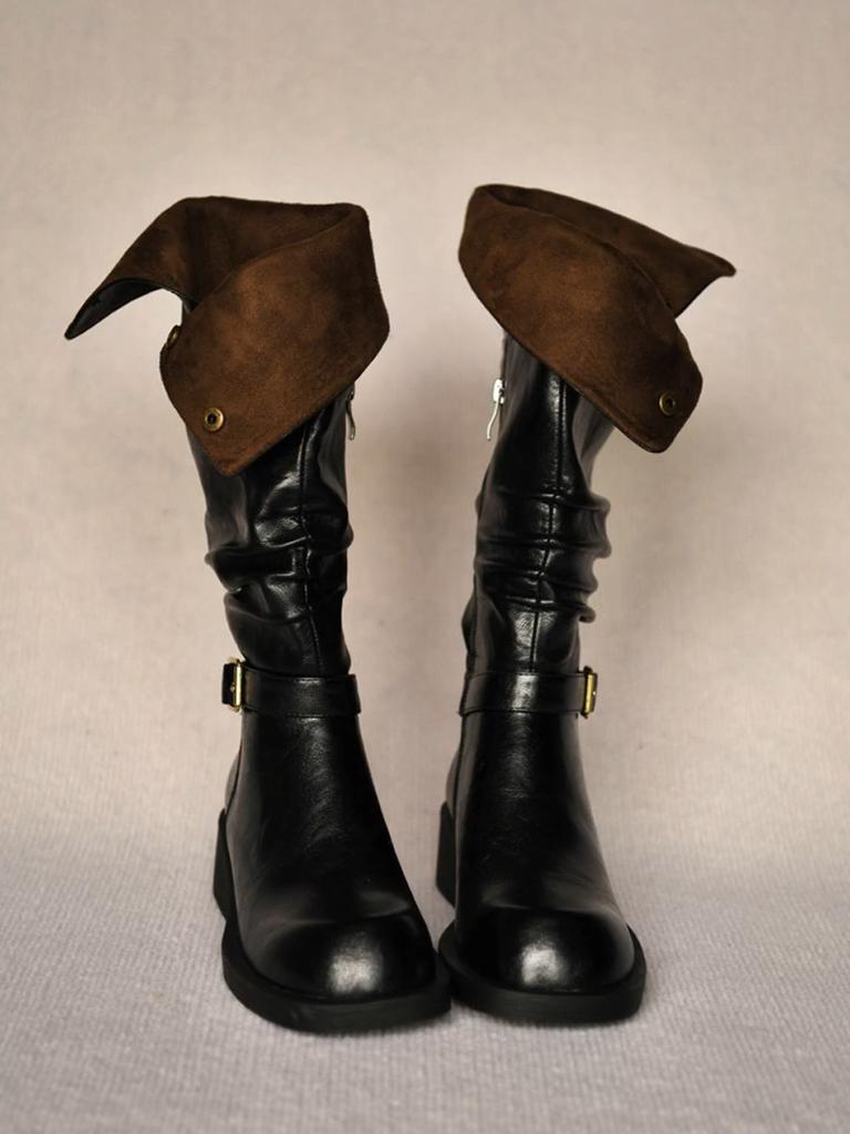 Cowhide version~ retro western cowboy boots women's round head metal buckle two wear lapel folds thin thick heel knight boots