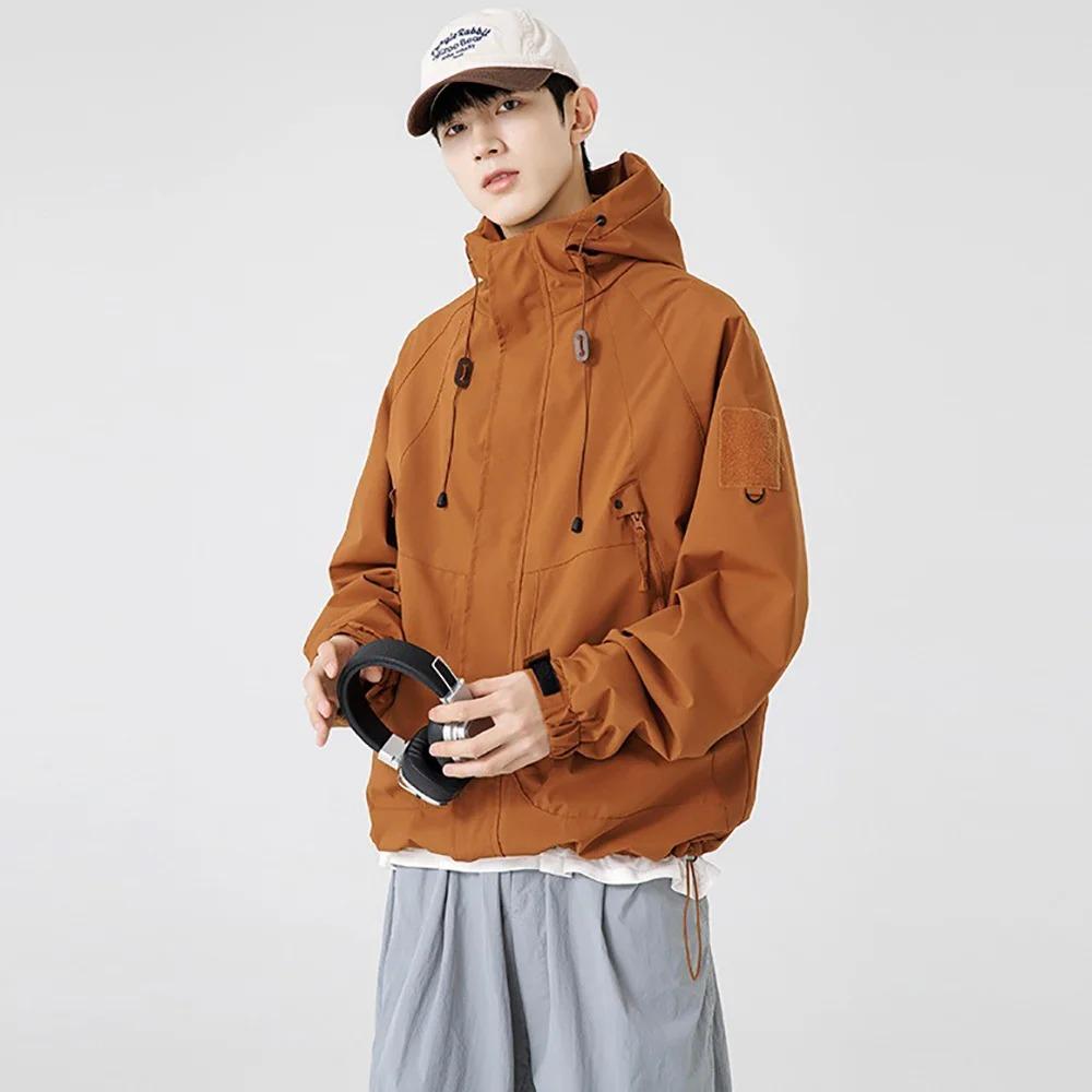 Men's Spring Cargo Jacket Hooded Large Capacity Pockets Outdoor Windproof Camping Hiking Fashion Outwear Loose Fit