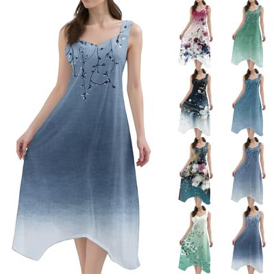 Women's Casual Fashion Round Neck Sleeveless Print Irregular Hem Midi Dress