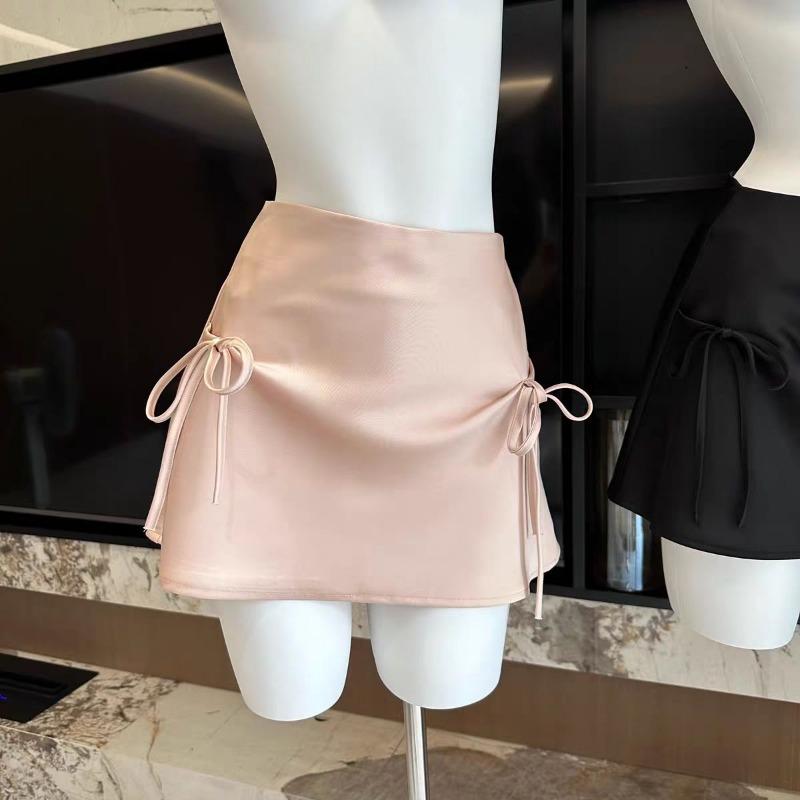 

Юбки мини-юбки Y2k с бантом и шнуровкой из атласа женские розовые юбки-трапеции в корейском стиле лето 2024 года с высокой талией сексуальные тонкие милые короткие юбки новые XL розовый