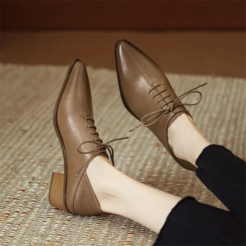 Móda 2024 Nová móda Dámské lodičky Špičaté letní boty Robustní podpatky Šněrovací mokasíny Boty pro ženy Ručně vyráběné Retro Dámské boty