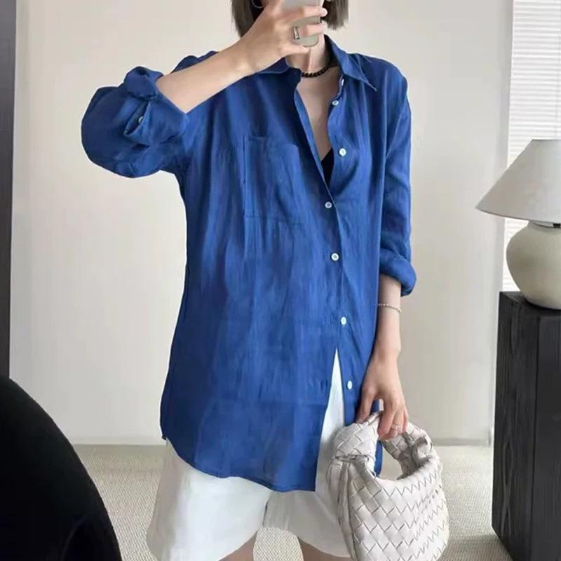 Women's French White Cotton Linen Long-Sleeve Shirt - Summer Loose Fit, Old Money Style.