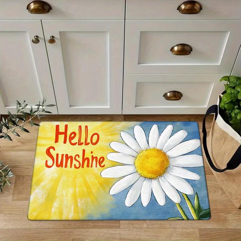 1pc Sunshine & Flowers Kitchen Mat - Non-Slip, Floor Mat with "Hello Sunshine" Design, Polyester Flannel, Perfect for Entryway,