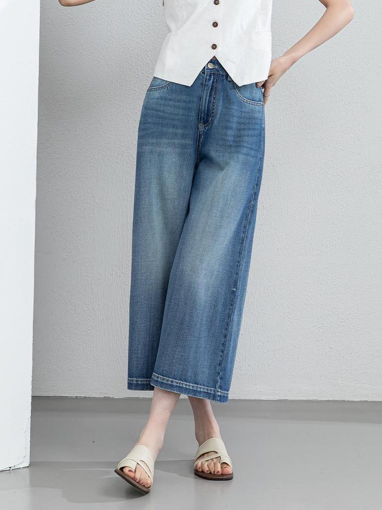 Xin Ge Women's High Waist Wide Leg Cropped Jeans - Summer Plus Size Retro Washed Loose Fit Pants
