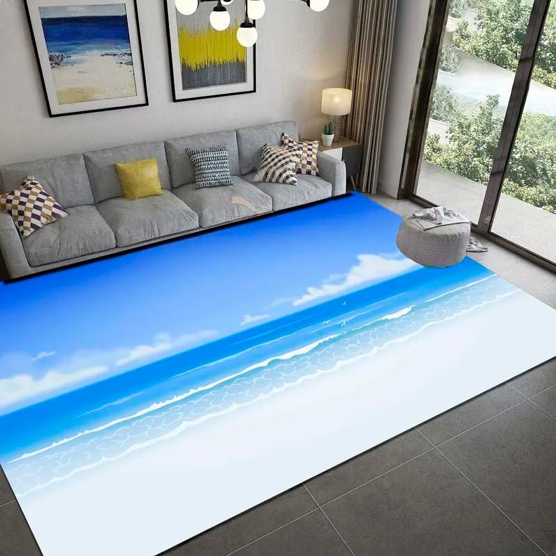 Sea Print Carpet for Living Room Large Waves Beach Kids Room Rug Blue Kitchen Mat Floor Carpet Modern Entrance Mat Bathroom Rug