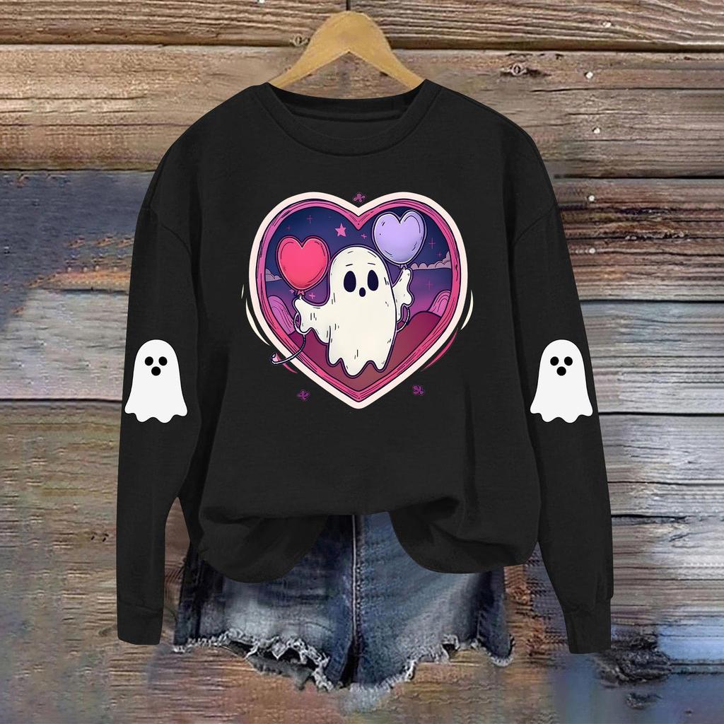 Dame Moteable Casual Langermet Halloween Trykket Rundhals Topp