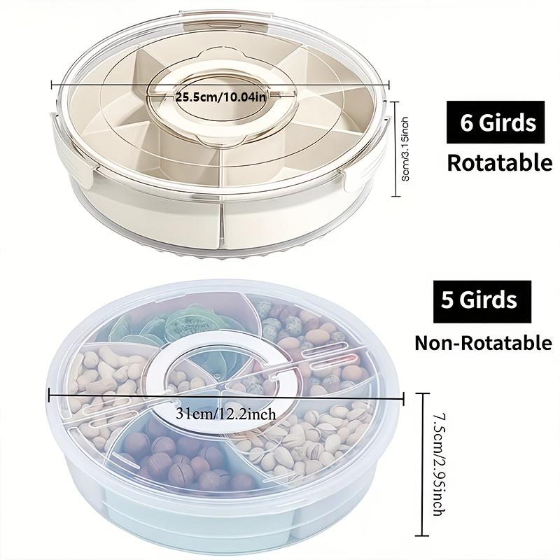 Tragbare transparente 6-Fächer-Snackschale mit drehbarer Basis, auslaufsicherem Deckel und Griff, ideal für Picknicks, Partys, Wohnmobile und den Heimgebrauch.