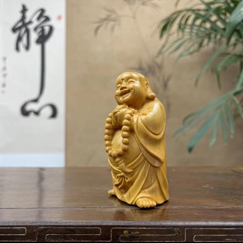 Wood Carving Laughlng Buddha Small Statue  Chinese Characteristic Craftsmanship Home, Room, Office Attracting Wealth Decoration