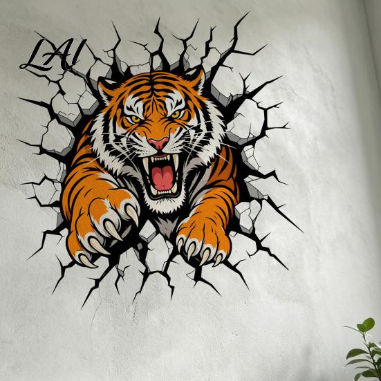 Easy Apply Wall Coverings 3D Tiger Stickers Peel And Stick Roaring Decals Removable PVC Vinyl Stickers Art Mural Decor Realistic Cracked