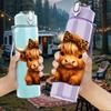 1PC Brown Highland Cow Horn Portrait 750ml Color Plastic Sports Water Bottle Leakproof Flip Straw Lid Suitable for Sports Office Home Use