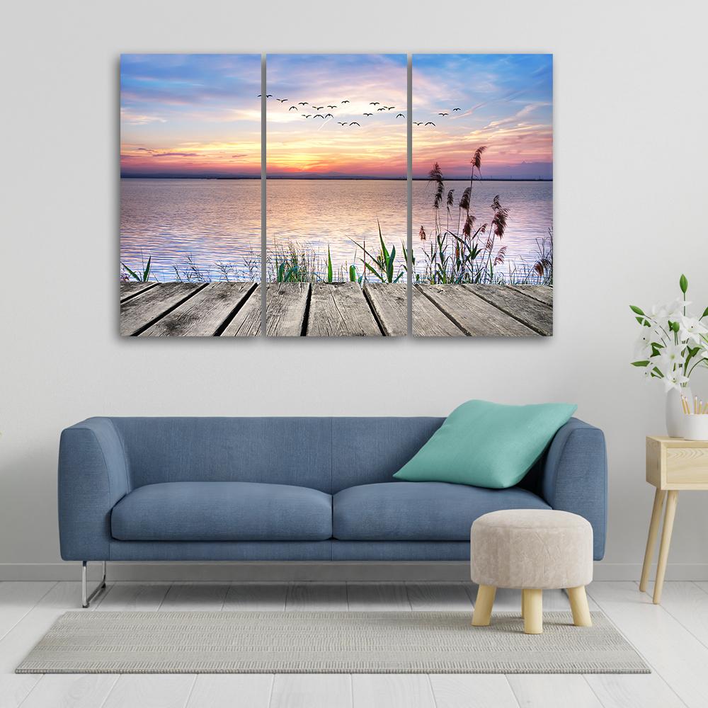 Three Piece Picture Canvas Print Footbridge Beach Sunset