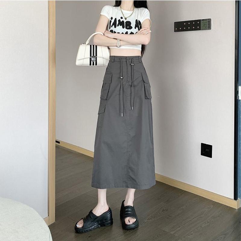 Women's Summer American Vintage Utility Midi Skirt - High-Waist Split Drawstring A-Line Army Green Skirt
