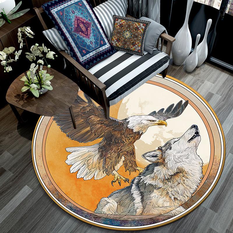 Eagle Wolf Round Area Rug,Carpet Rug for Living Room Bedroom Sofa Playroom Decor,Non-slip Floor Mat