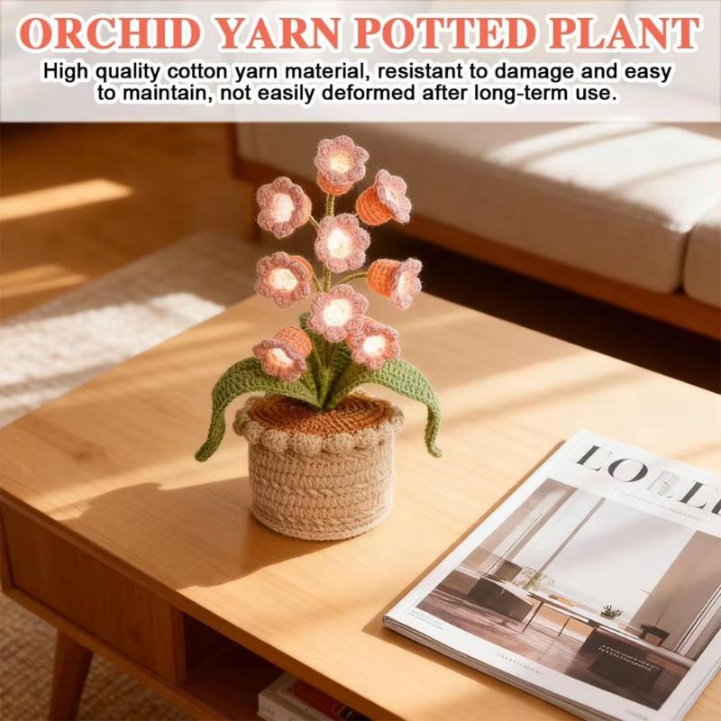 Lily of The Valley Crochet Flowers Artificial Potted Flower with Night Lights Cordless Table Lamp Ornament Desk Home Decorations