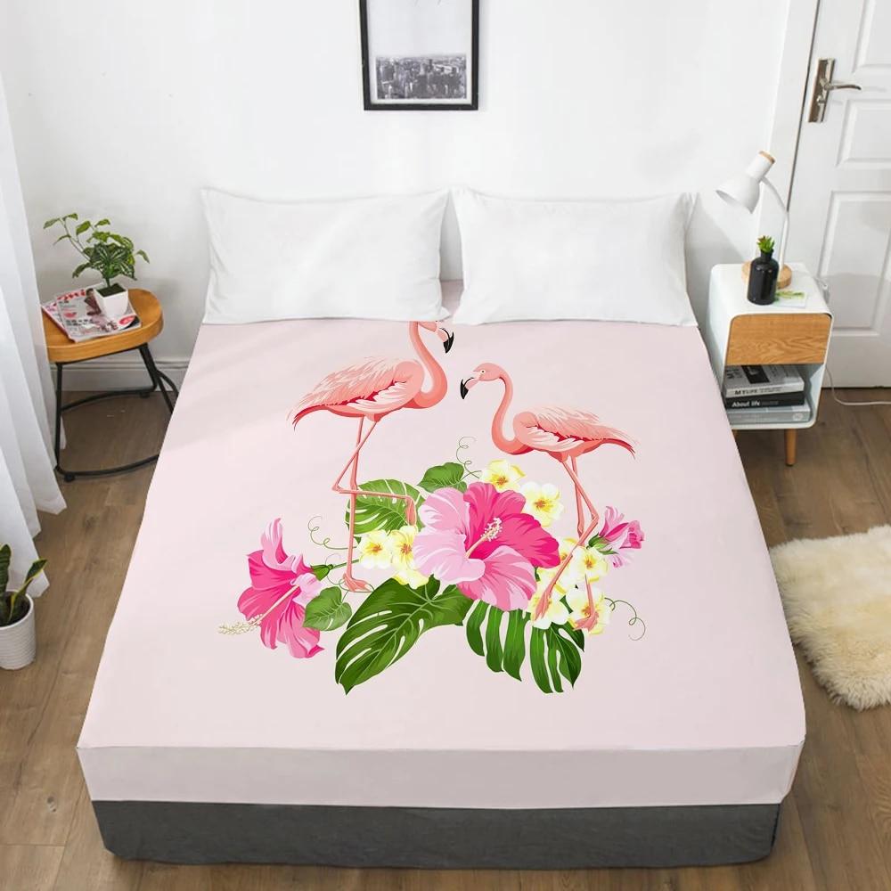 Bedding Mattress Cover Bed Fitted Sheets With Elastic Band Linens Queen/King Size Bedsheet 90/150/160X200CM Watercolor Flamingo