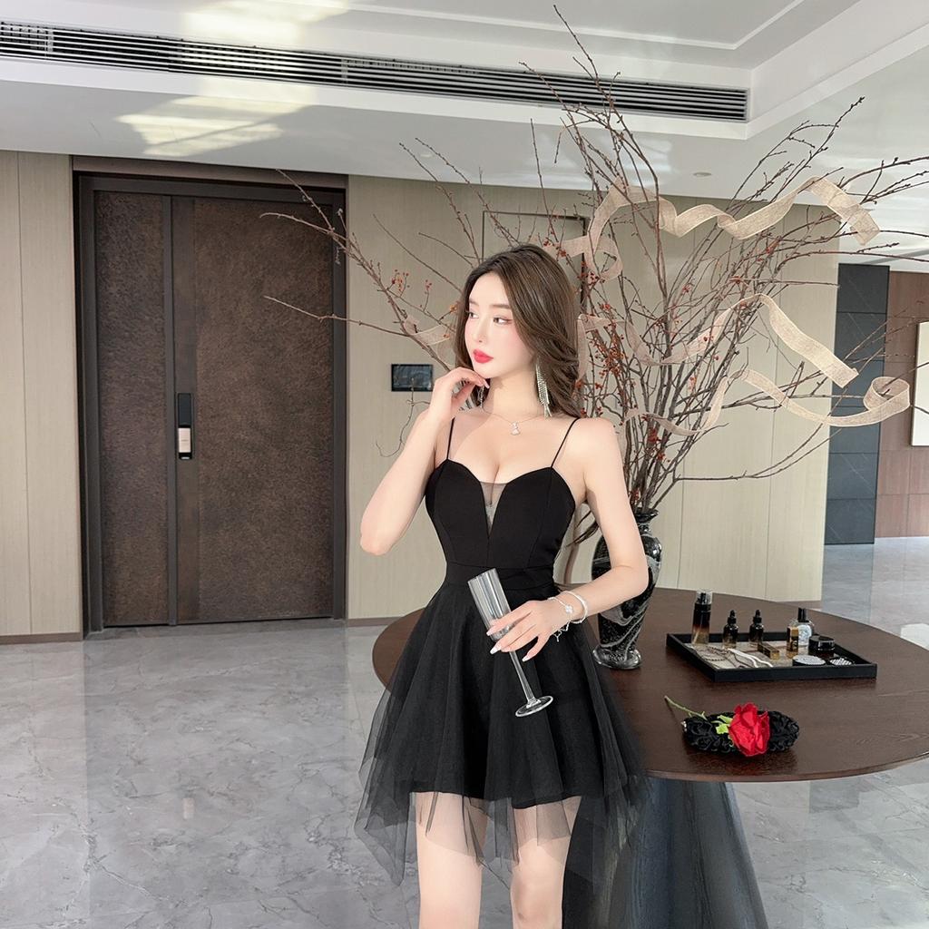 Autumn and winter new solid color sexy women's clothing low-cut mesh splicing suspenders slim-fitting big swing small short dress