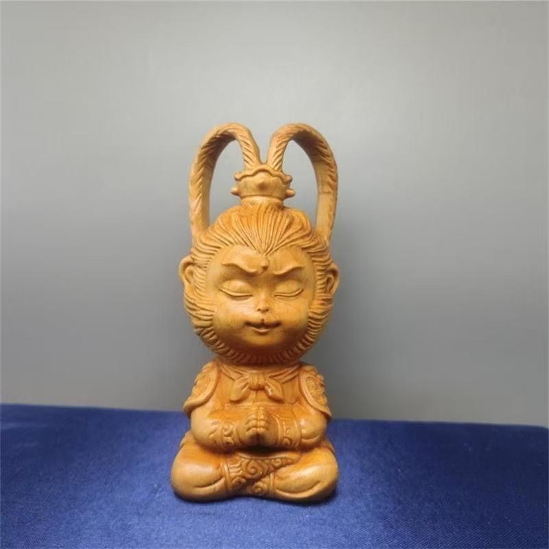 wood carving cartoon  Sun Wukong sculptures and figurines Hand carved solid wood Home Room Office Wealth Luck Feng Shui Decor