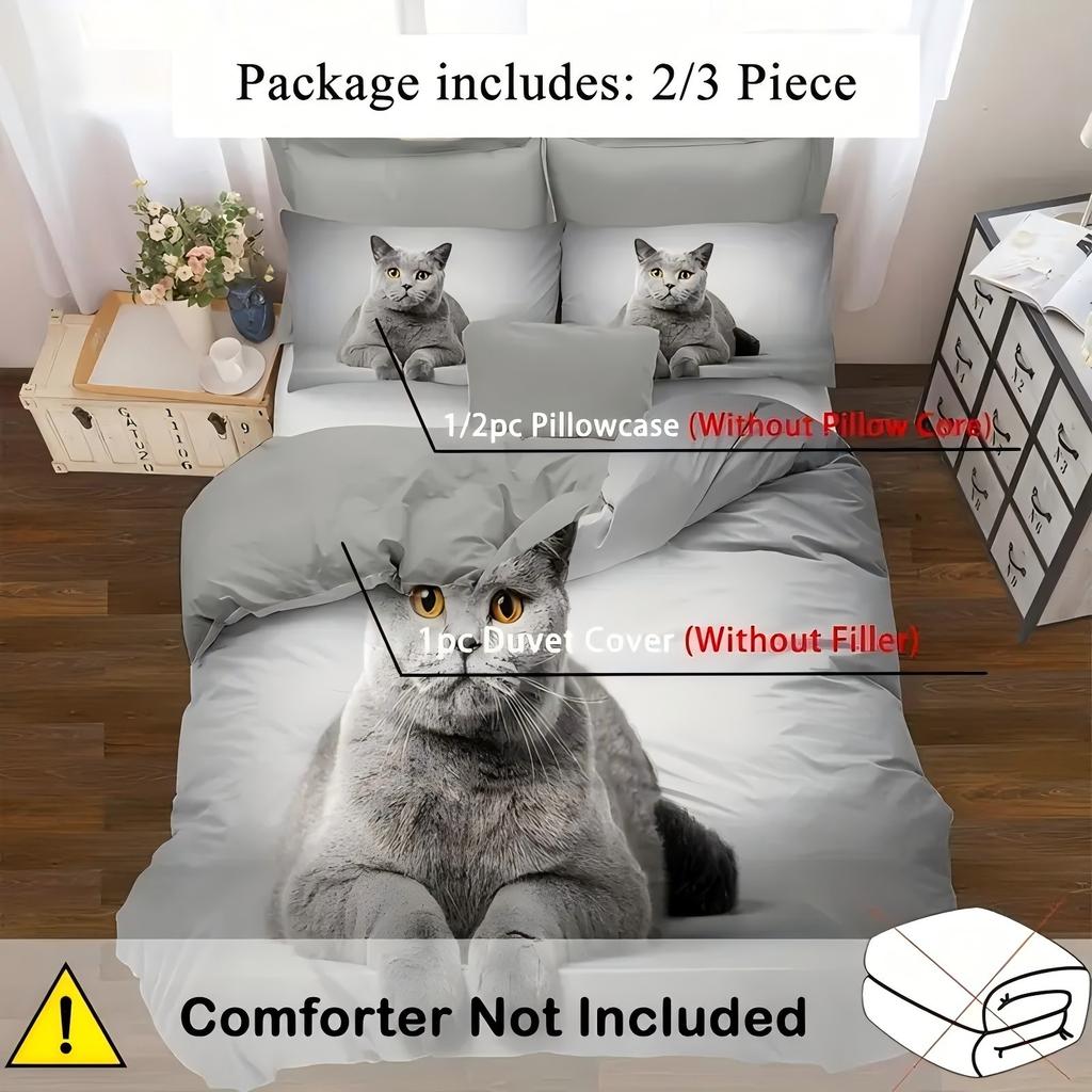 Comforter Cute Grey Cat Pattern 3D Printed Animal Pet Theme Luxury Bedding Set Soft Comfortable Set