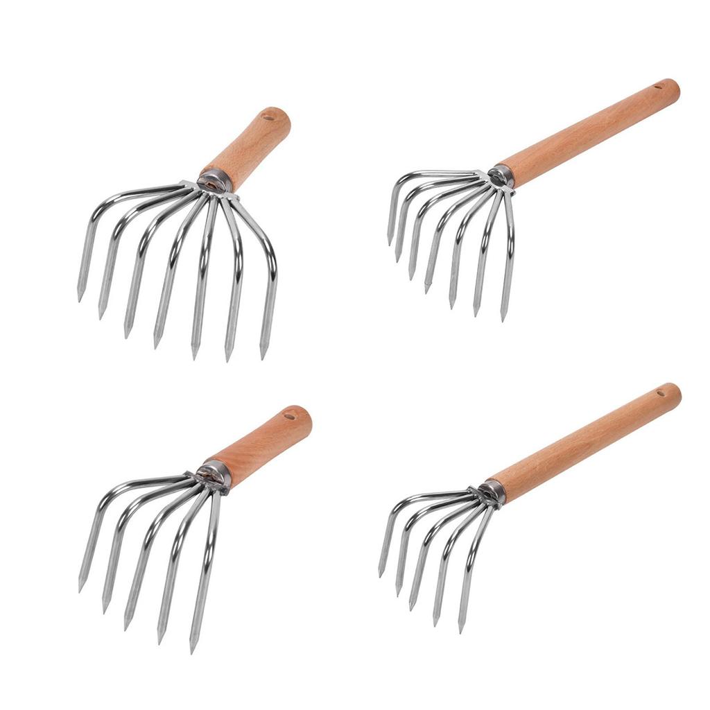 Hand Rake Cultivator Stainless Steel Claws Lightweight Digging Wood Handle Leaf Rake Small Gardening Tools for Yard Work