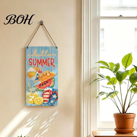 Farmhouse Wall Art Summer Wooden Hanging Sign, Welcome Sign Front Door Decor with Floral Pattern Rope, Colorful Hanger for Seasonal Beach House