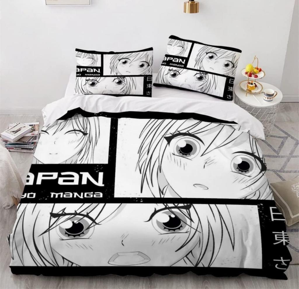 Anime Girl Cartoon Bed Linen Set 3-Piece 3D Print Anime Duvet Cover with Zip Microfibre Teenager Duvet Covers with 2 Pillowcases