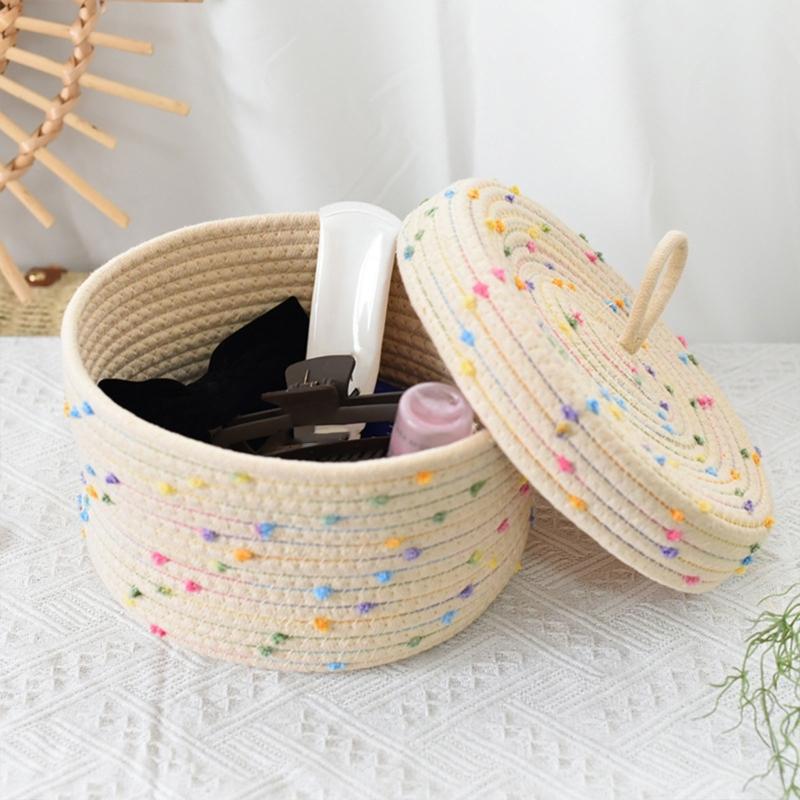 Pack of 2 Sturdy Cotton Rope Storage Baskets With Lid for Organizing Rope Keys and Toy In Elegant Color Designs