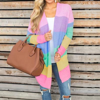 Globalny damski sweter z długim rękawem w tęczowe paski, patchworkowa kurtka Fashion