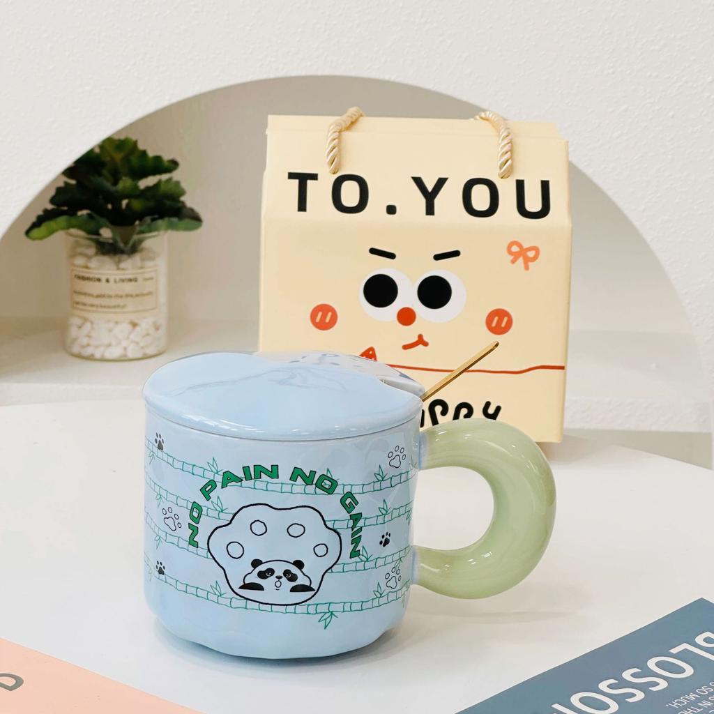 Personalized Little Panda with Lid Cute Cartoon Ceramic Cup High Looking Girl Mug Small Gift Box Set Water Cup