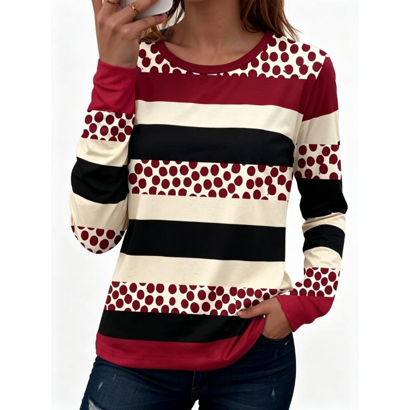 Women's Polka Dot Color Block Print Crew Neck T-Shirt, Casual Tops for Spring Summer Daily Streetwear