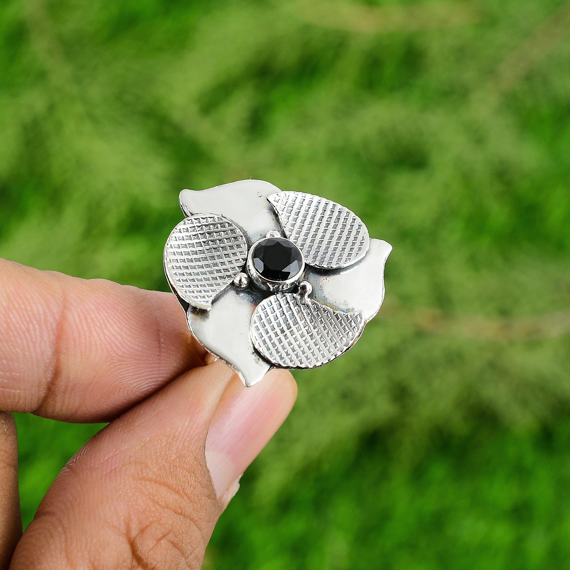 

Натуральный черный оникс драгоценный камень многокаменный цветок регулируемое кольцо серебро 925 пробы Adjustable