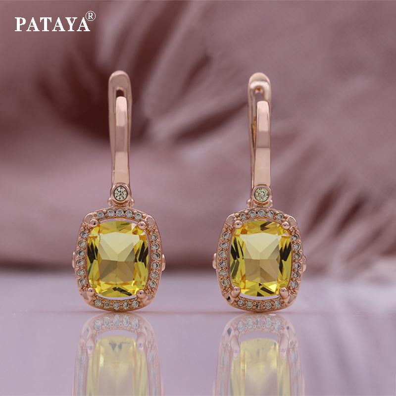 PATAYA Conjunto Retangular de Zircônia Artificial Amarela com Microcravação na Cor Ouro Rosa