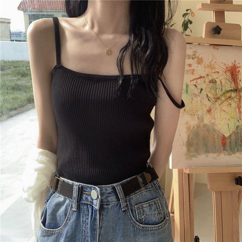 Women's Fashionable Square Neck Knitted Top - Spring/Autumn Design, Short, Versatile, with Bubble Sleeves and a Faux Two-Piece Look.