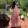 Robe Nouvelle Année Printemps et Automne Rose Nouvelle Manches Longues Col Floral Taille Manches Lanterne Robe de Plage de Vacances