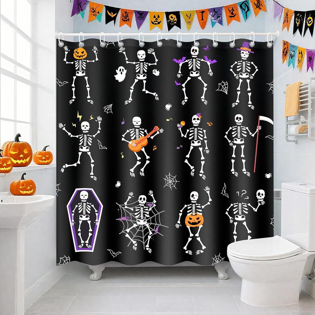 Halloween Shower Curtain - Funny Shower Curtain With Black Skul Skeleton, Machine Washable Waterproof Fabric For Bathroom Deco