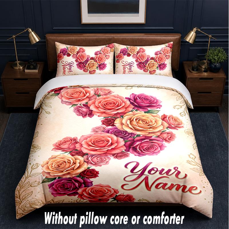 Blumiges Thema Benutzerdefinierter Text Oder Name 3-teiliges Bettwäsche-Set, 1 Spannbettlaken & 2 Kissenbezüge Personalisierte Heim-Bettwäsche