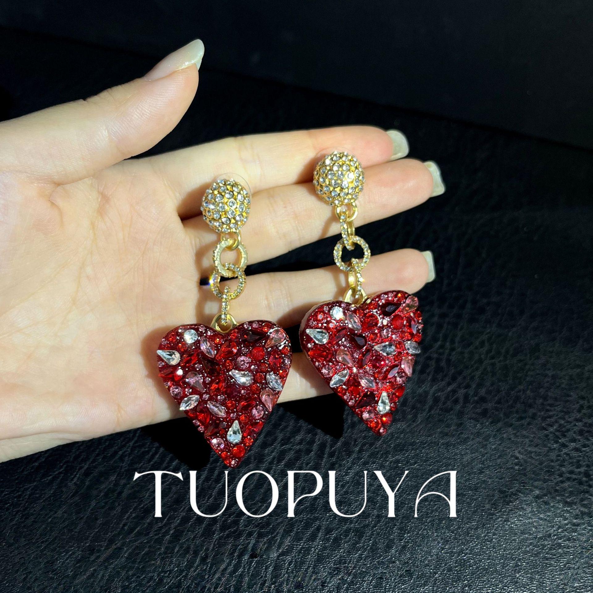 Limited Edition Qixi Festival Rhinestone Heart Dangle Earrings - Exquisite Niche Gift Jewelry