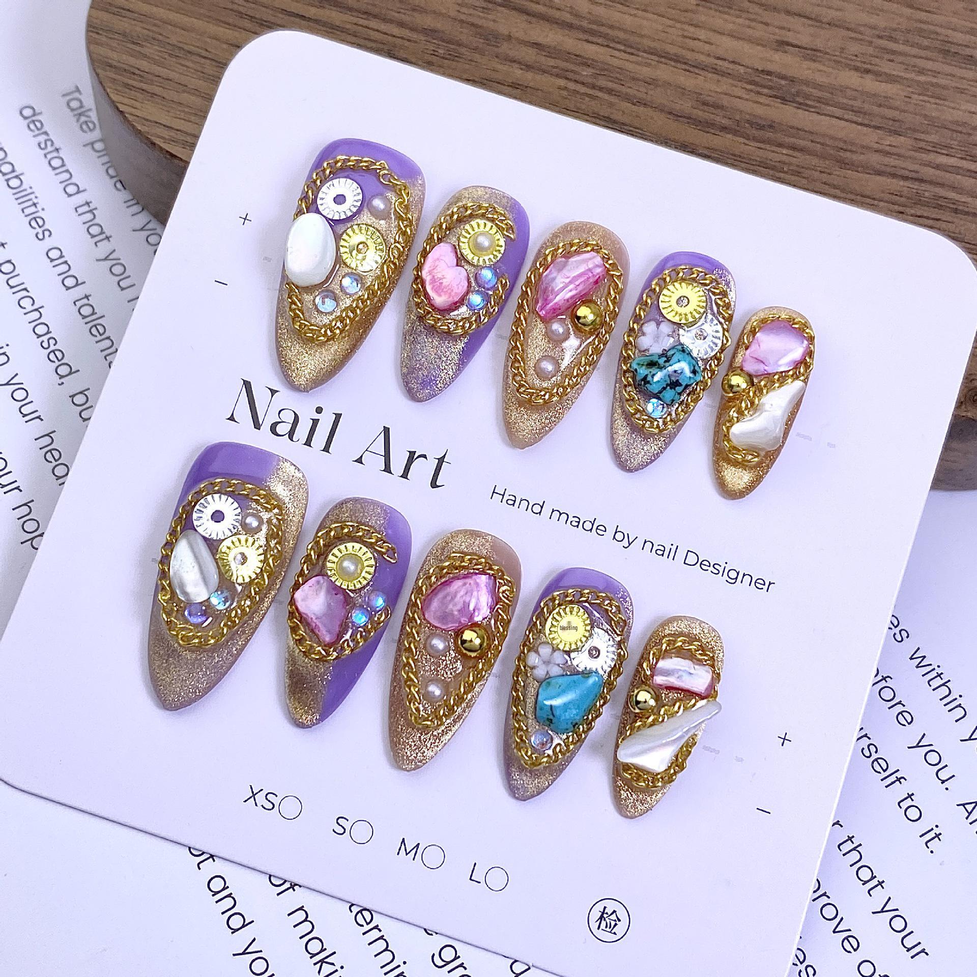 Cat Eye Purple Gold Gradient Almond Nails with Chain Decoration Small
