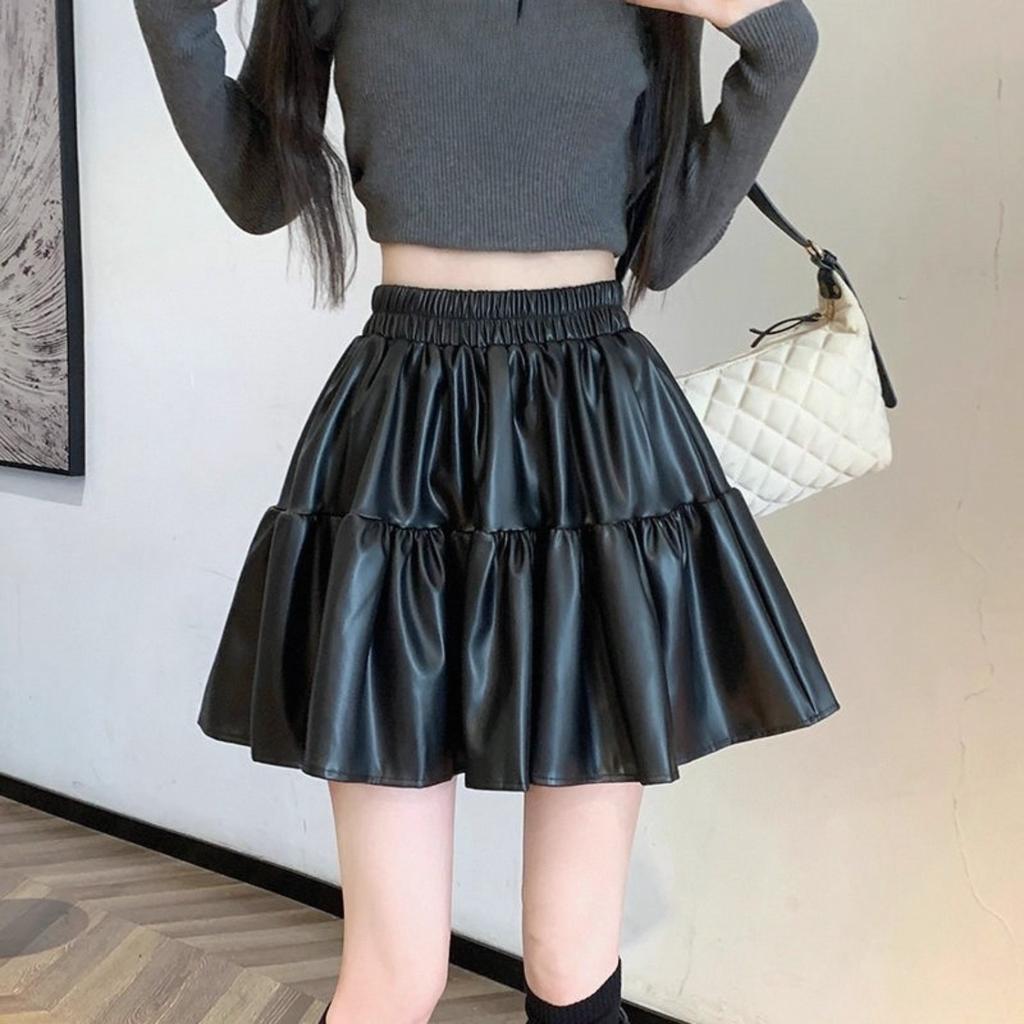 Women's High Waist A-Line PU Leather Skirt Solid Color Pleated Mini Skirt Pencil Skirt
