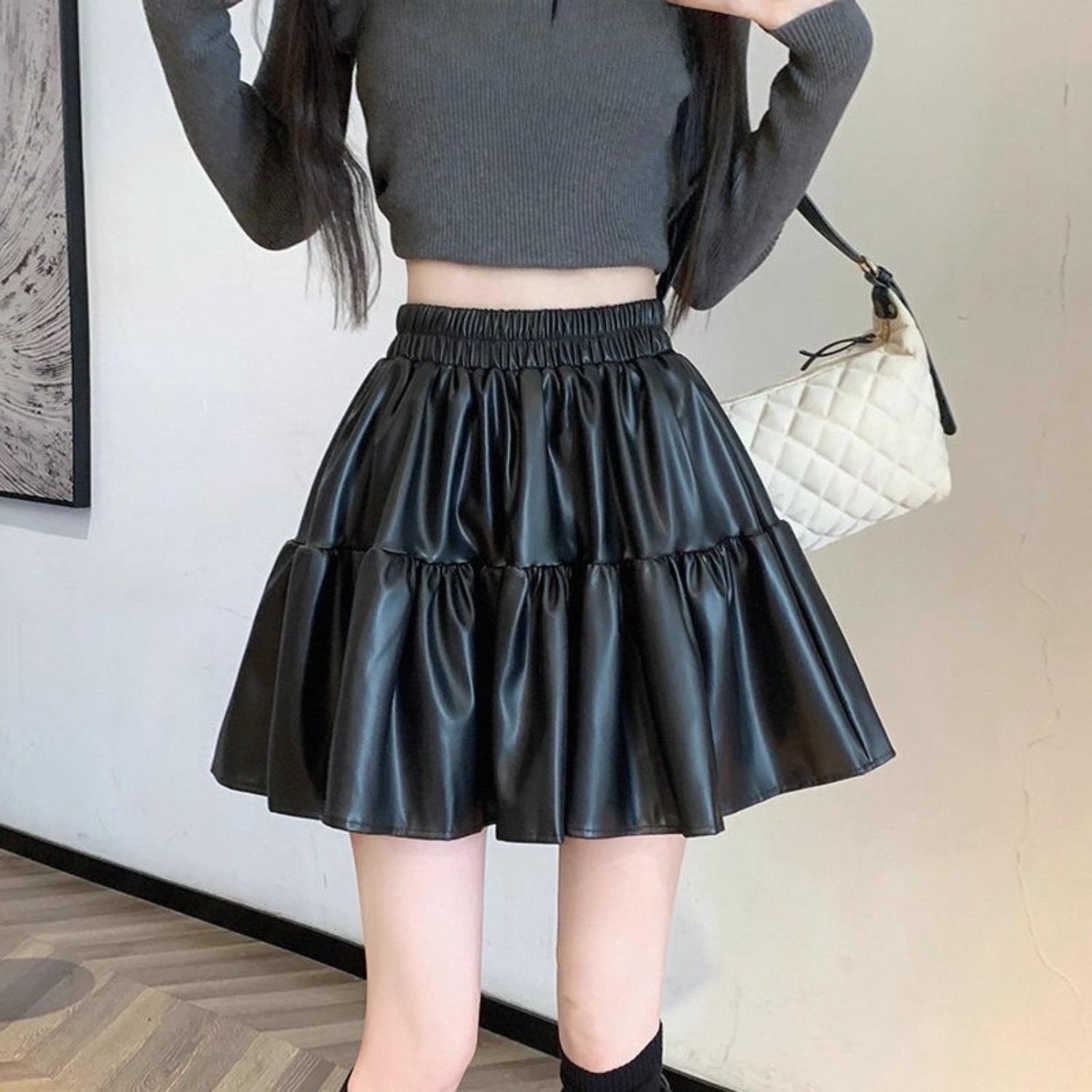 Women s High Waist A-Line PU Leather Skirt Solid Color Pleated Mini Skirt Pencil Skirt S