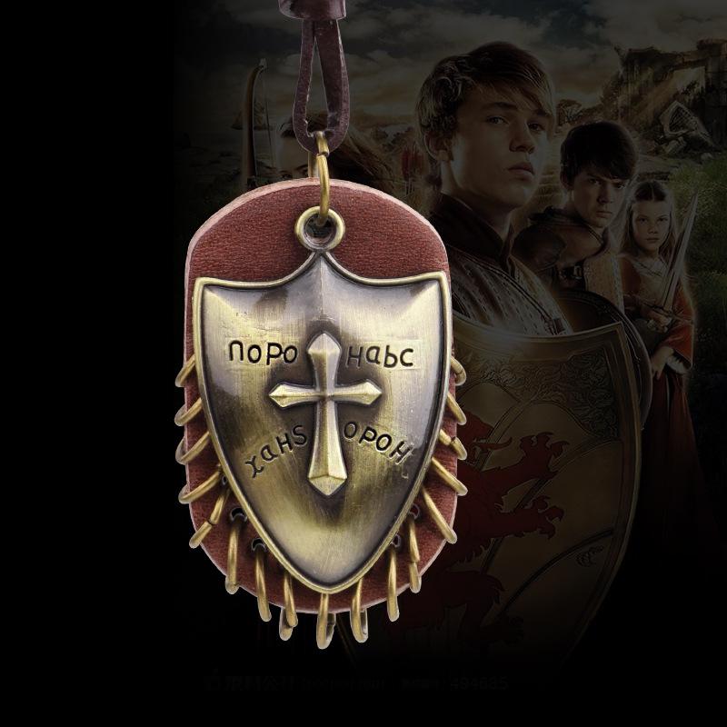 Retro Crusader Shield Metal Pendant Necklace with Genuine Leather Chain